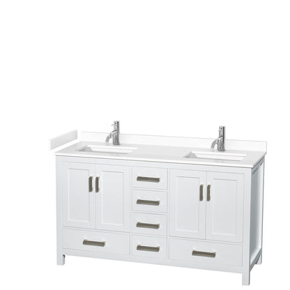 Wyndham Collection Sheffield 60" Double Bathroom Vanity in White, White Cultured Marble Countertop, Undermount Square Sinks, No Mirror