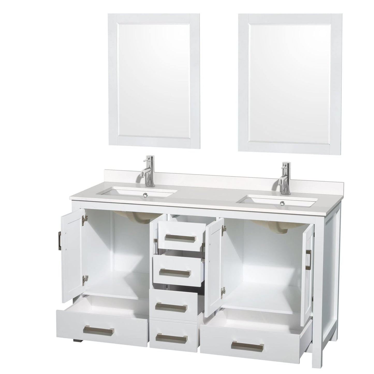 Wyndham Collection Sheffield 60" Double Bathroom Vanity in White, White Quartz Countertop, Undermount Square Sinks, 24" Mirror
