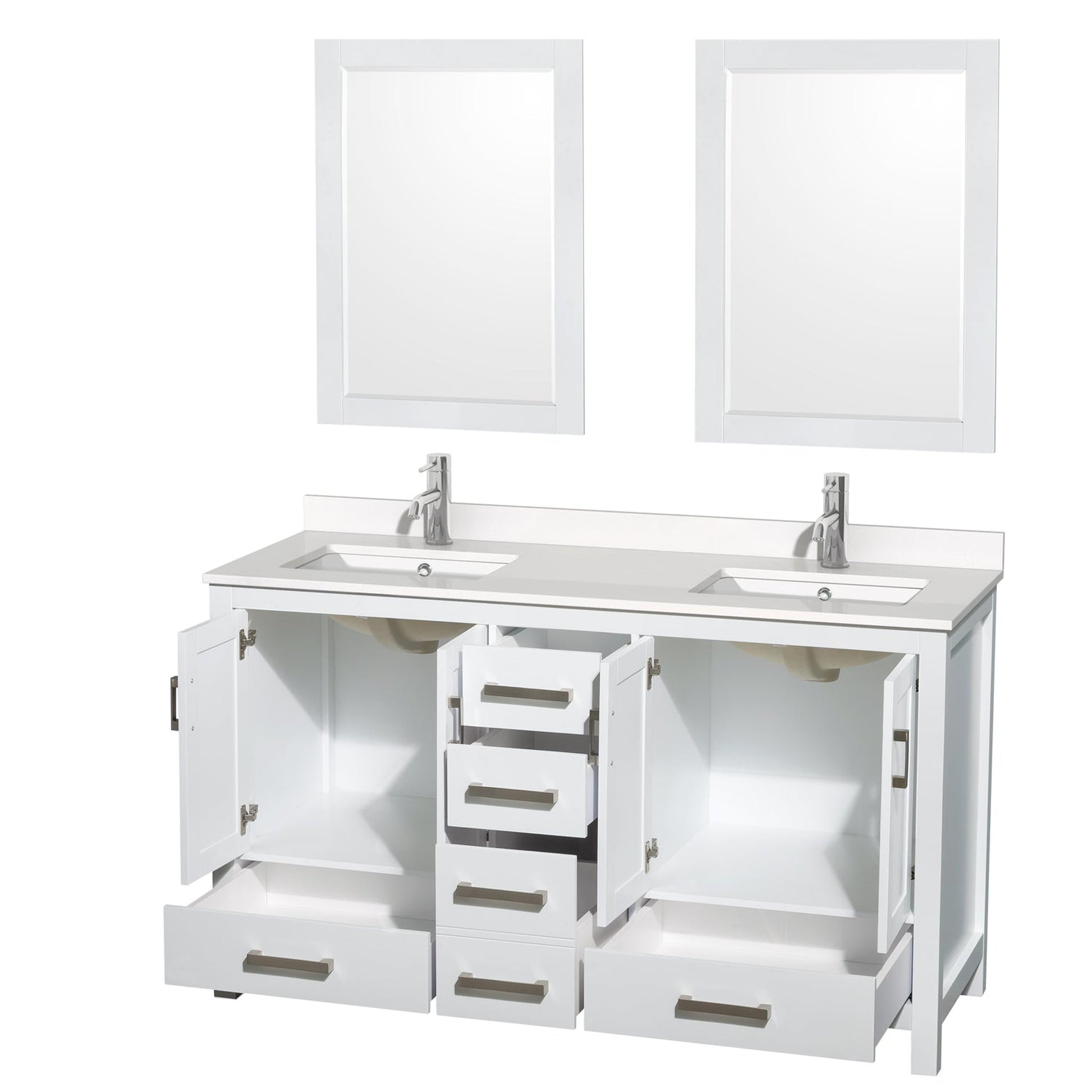 Wyndham Collection Sheffield 60" Double Bathroom Vanity in White, White Quartz Countertop, Undermount Square Sinks, 24" Mirror