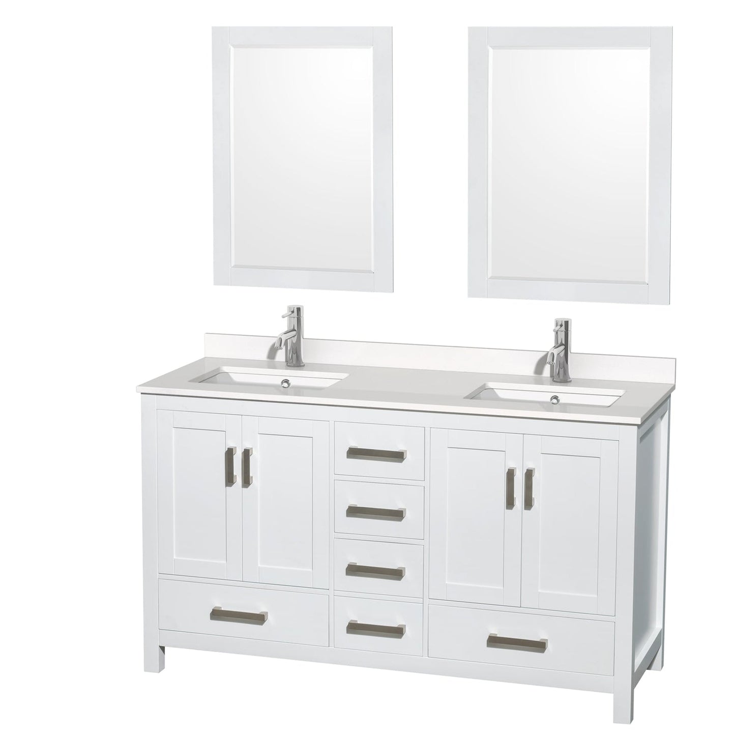 Wyndham Collection Sheffield 60" Double Bathroom Vanity in White, White Quartz Countertop, Undermount Square Sinks, 24" Mirror