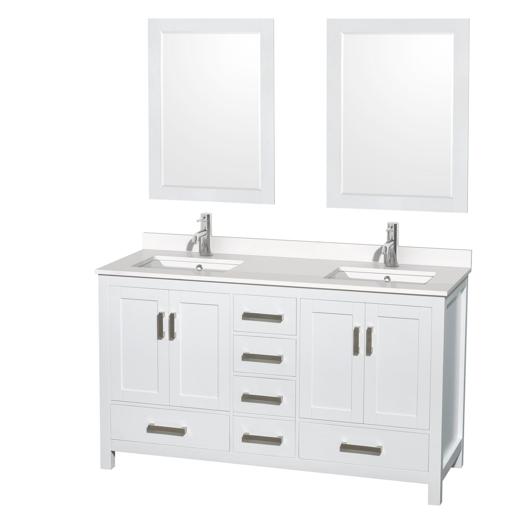 Wyndham Collection Sheffield 60" Double Bathroom Vanity in White, White Quartz Countertop, Undermount Square Sinks, 24" Mirror