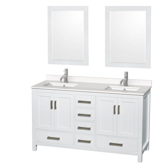 Wyndham Collection Sheffield 60" Double Bathroom Vanity in White, White Quartz Countertop, Undermount Square Sinks, 24" Mirror