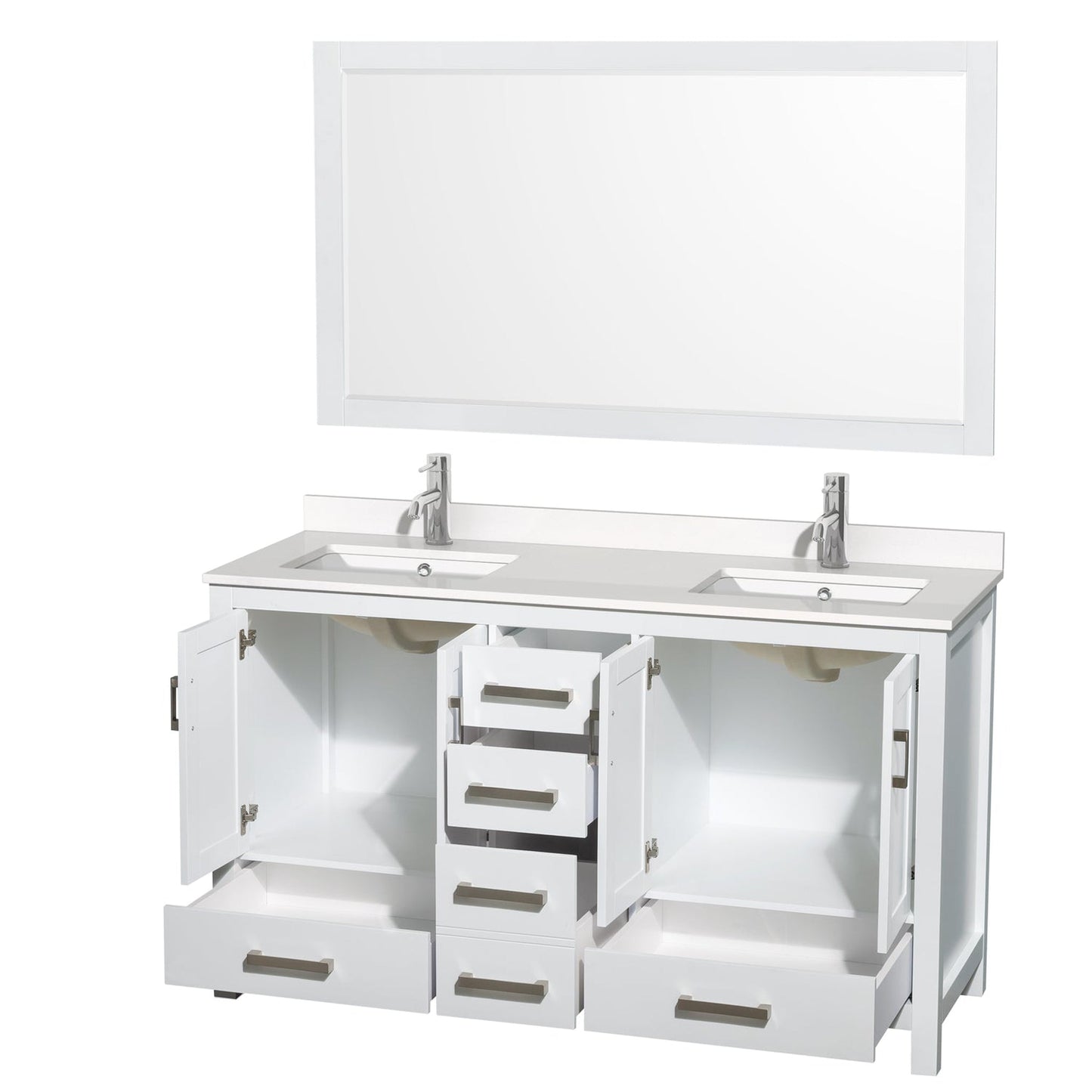 Wyndham Collection Sheffield 60" Double Bathroom Vanity in White, White Quartz Countertop, Undermount Square Sinks, 58" Mirror