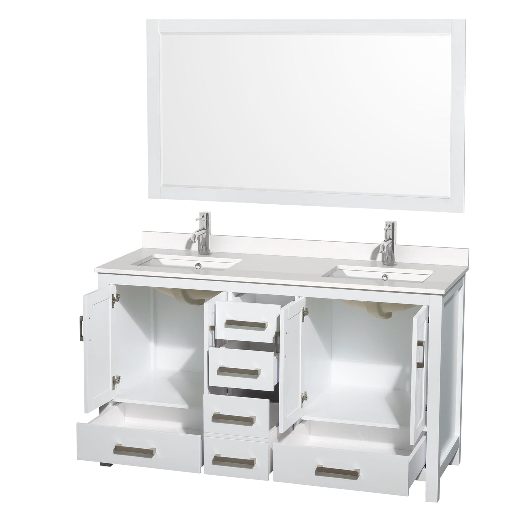 Wyndham Collection Sheffield 60" Double Bathroom Vanity in White, White Quartz Countertop, Undermount Square Sinks, 58" Mirror