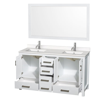 Wyndham Collection Sheffield 60" Double Bathroom Vanity in White, White Quartz Countertop, Undermount Square Sinks, 58" Mirror