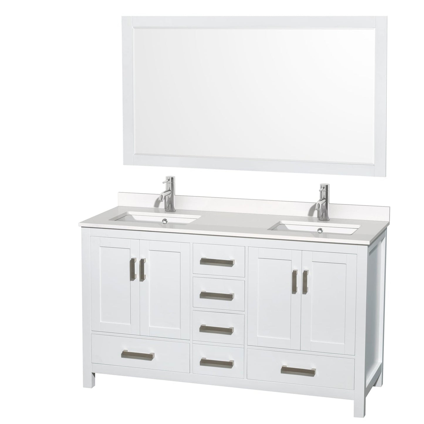 Wyndham Collection Sheffield 60" Double Bathroom Vanity in White, White Quartz Countertop, Undermount Square Sinks, 58" Mirror