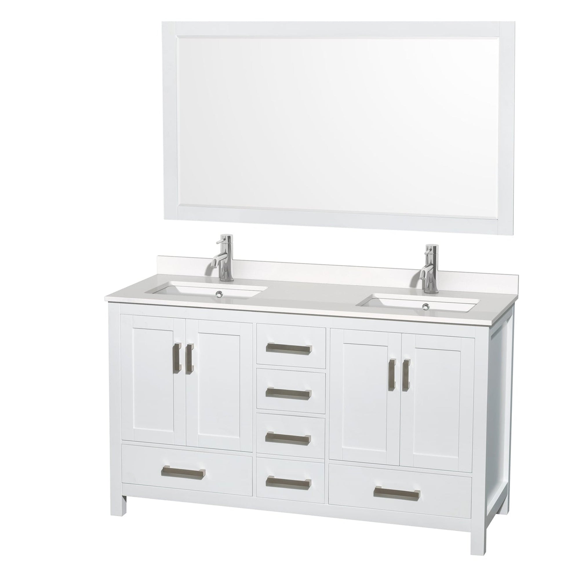 Wyndham Collection Sheffield 60" Double Bathroom Vanity in White, White Quartz Countertop, Undermount Square Sinks, 58" Mirror