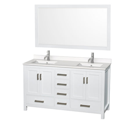 Wyndham Collection Sheffield 60" Double Bathroom Vanity in White, White Quartz Countertop, Undermount Square Sinks, 58" Mirror