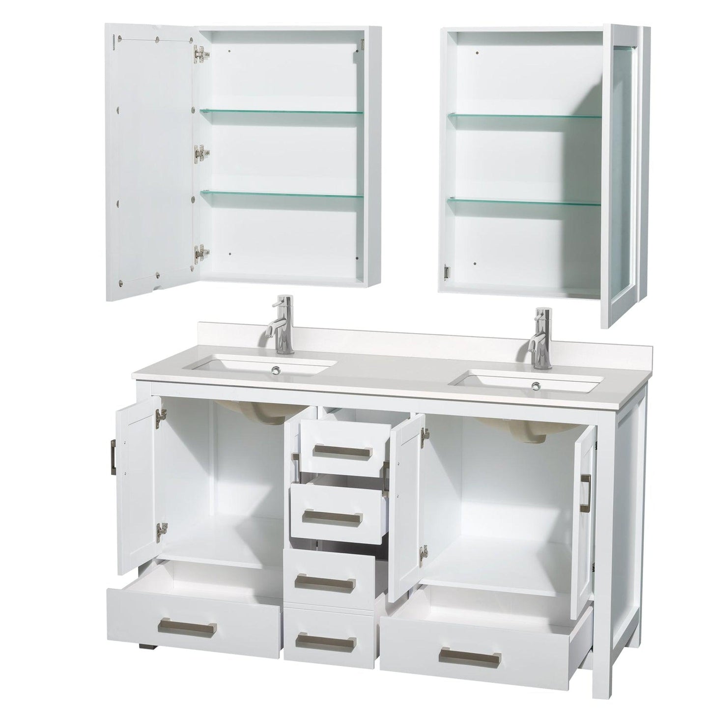 Wyndham Collection Sheffield 60" Double Bathroom Vanity in White, White Quartz Countertop, Undermount Square Sinks, Medicine Cabinet