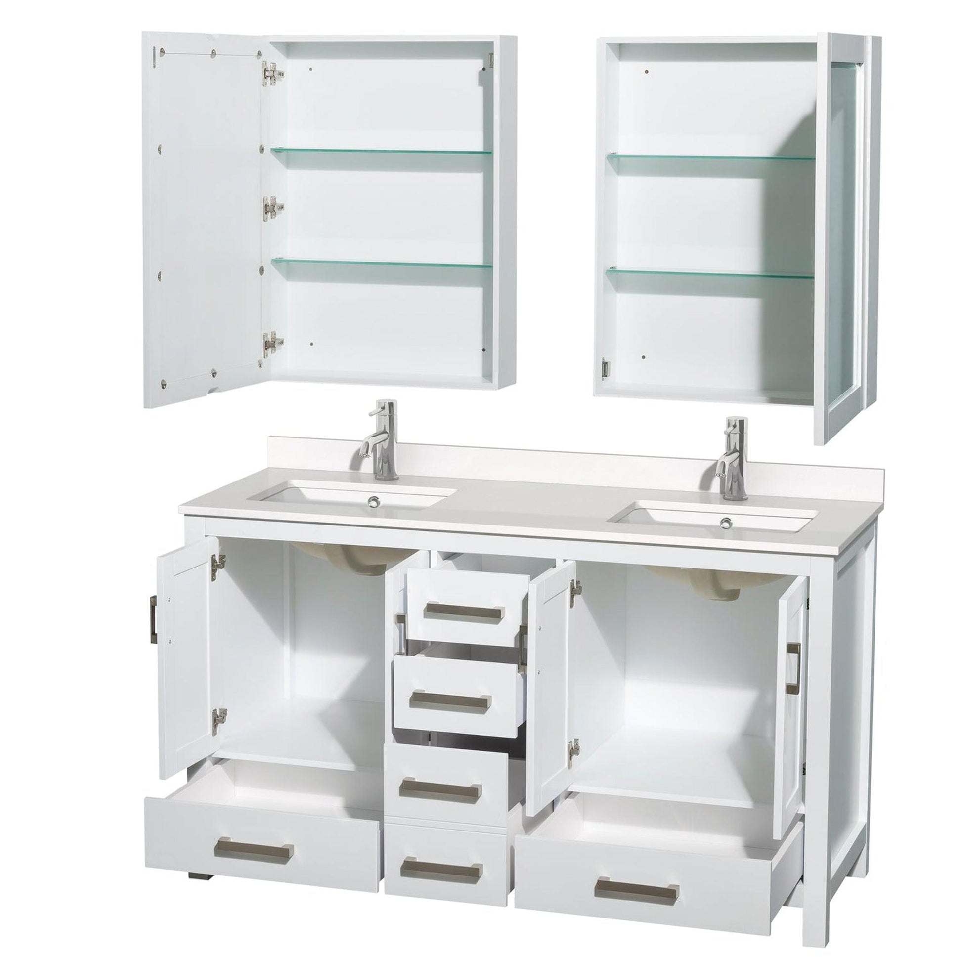 Wyndham Collection Sheffield 60" Double Bathroom Vanity in White, White Quartz Countertop, Undermount Square Sinks, Medicine Cabinet