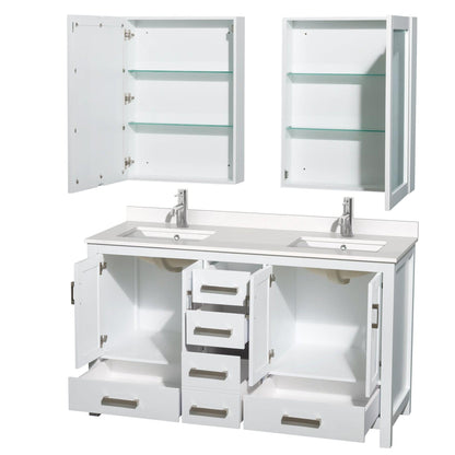 Wyndham Collection Sheffield 60" Double Bathroom Vanity in White, White Quartz Countertop, Undermount Square Sinks, Medicine Cabinet