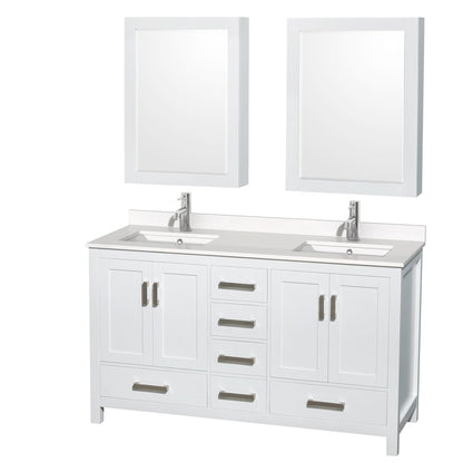 Wyndham Collection Sheffield 60" Double Bathroom Vanity in White, White Quartz Countertop, Undermount Square Sinks, Medicine Cabinet