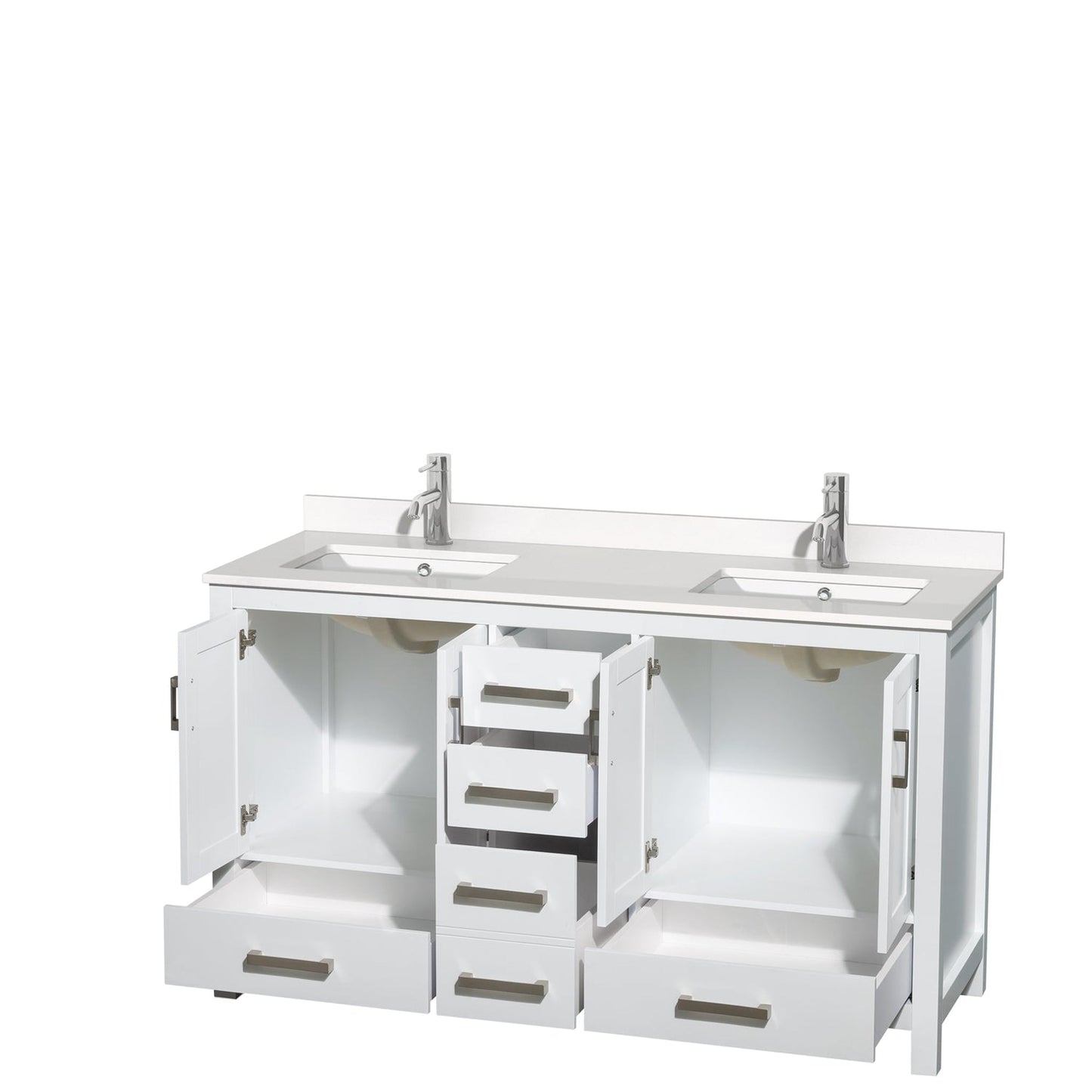 Wyndham Collection Sheffield 60" Double Bathroom Vanity in White, White Quartz Countertop, Undermount Square Sinks, No Mirror