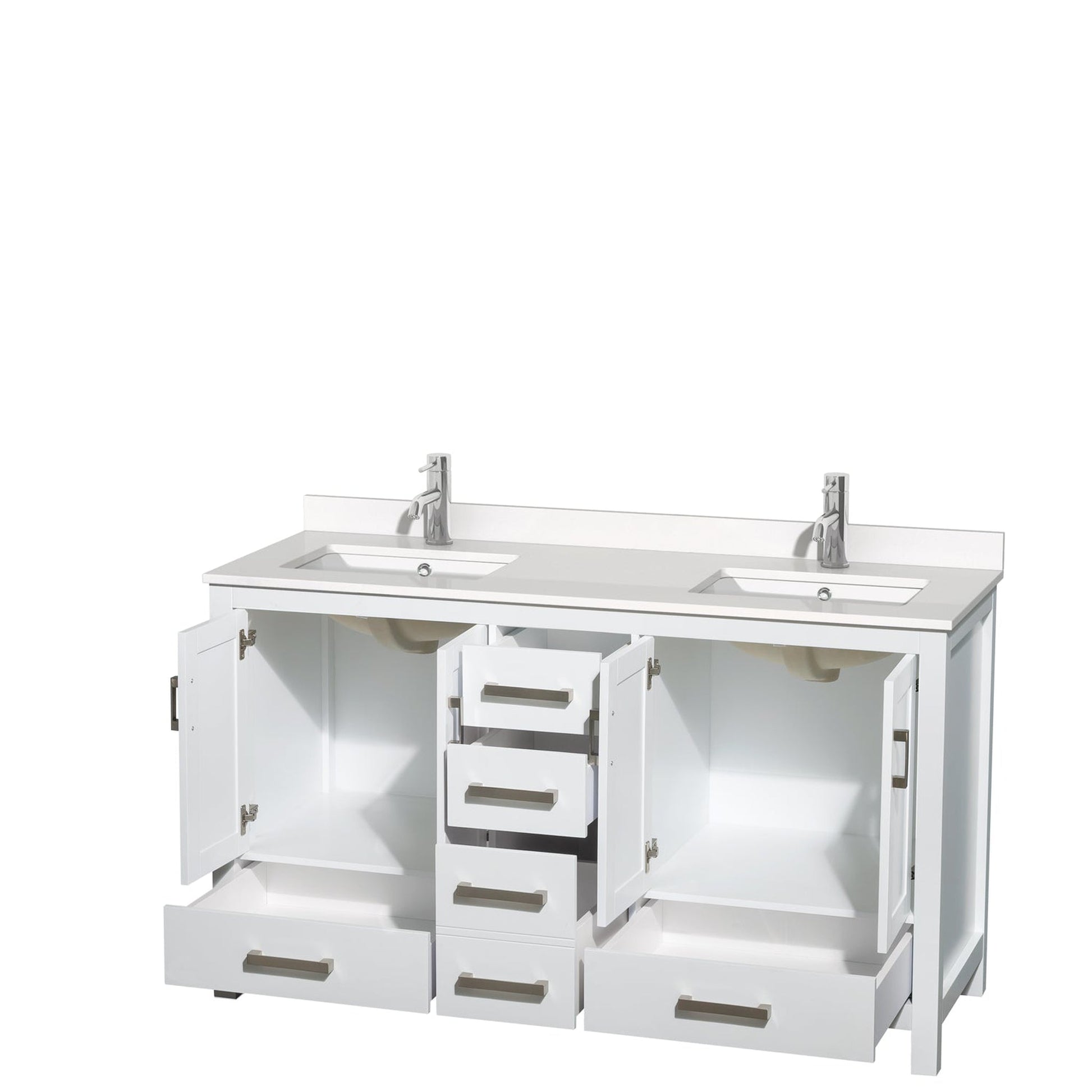 Wyndham Collection Sheffield 60" Double Bathroom Vanity in White, White Quartz Countertop, Undermount Square Sinks, No Mirror