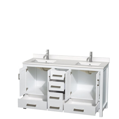 Wyndham Collection Sheffield 60" Double Bathroom Vanity in White, White Quartz Countertop, Undermount Square Sinks, No Mirror