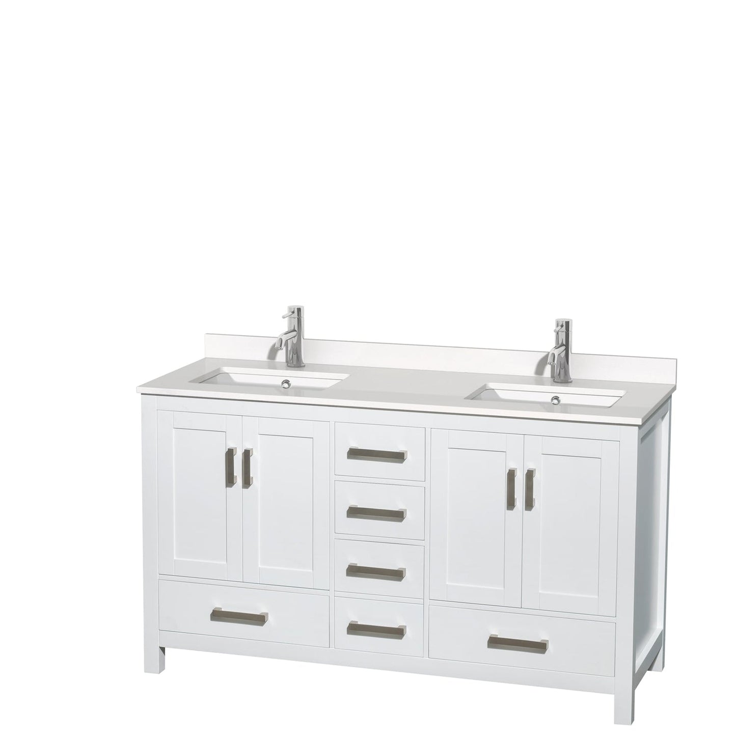 Wyndham Collection Sheffield 60" Double Bathroom Vanity in White, White Quartz Countertop, Undermount Square Sinks, No Mirror