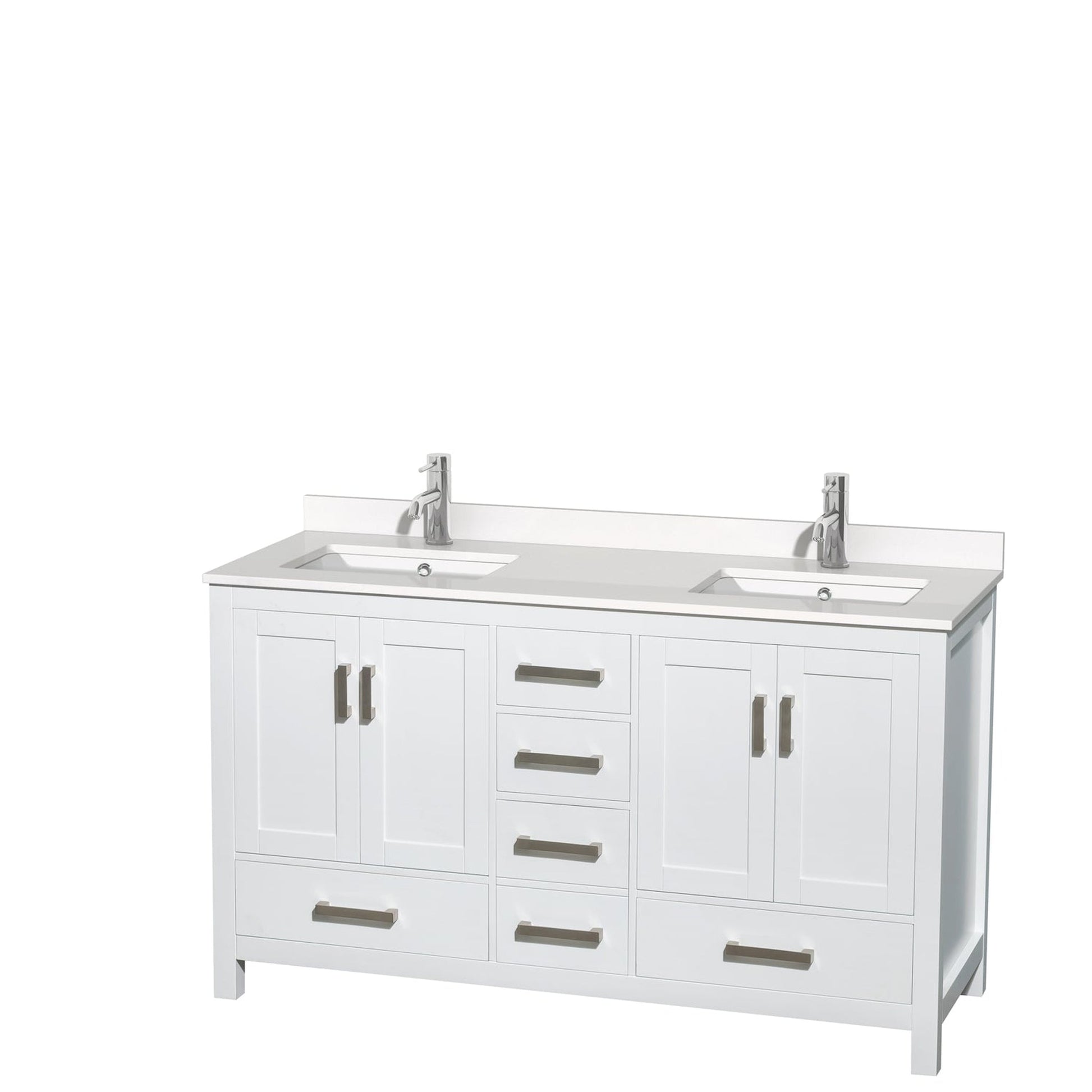 Wyndham Collection Sheffield 60" Double Bathroom Vanity in White, White Quartz Countertop, Undermount Square Sinks, No Mirror