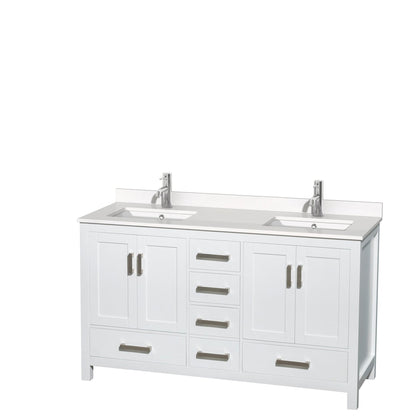 Wyndham Collection Sheffield 60" Double Bathroom Vanity in White, White Quartz Countertop, Undermount Square Sinks, No Mirror