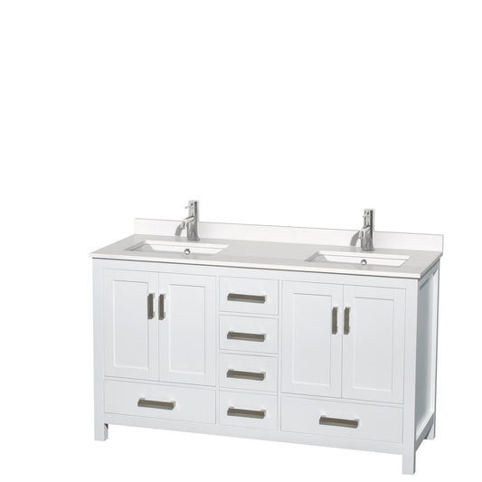 Wyndham Collection Sheffield 60" Double Bathroom Vanity in White, White Quartz Countertop, Undermount Square Sinks, No Mirror