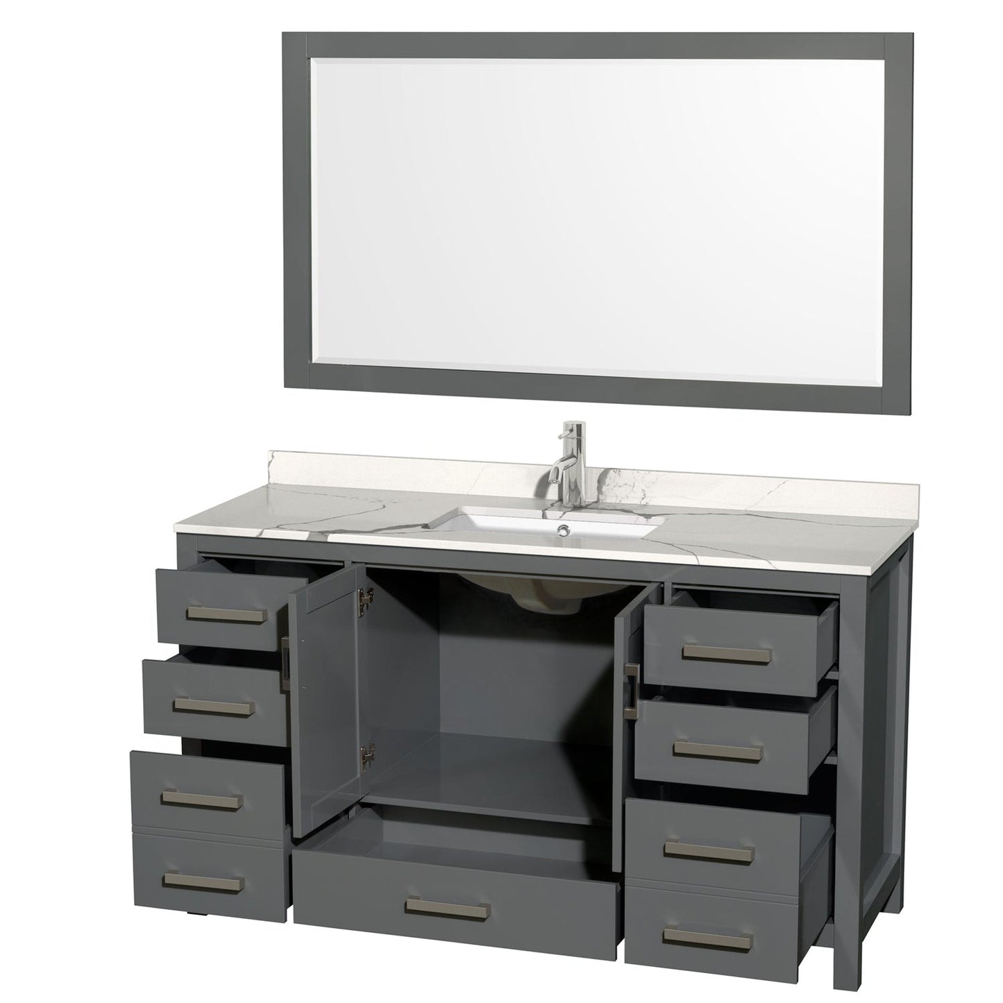 Wyndham Collection Sheffield 60" Single Bathroom Vanity in Dark Gray, Calacatta Quartz Countertop, Undermount Square Sink, 58" Mirror