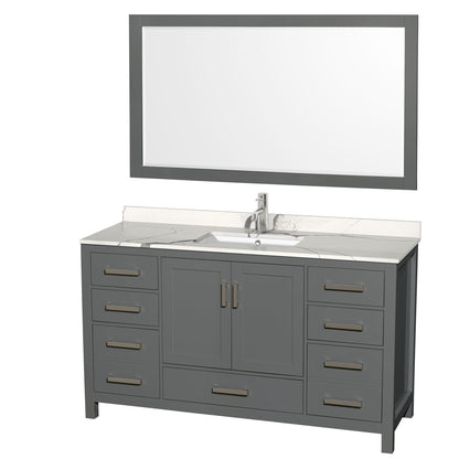 Wyndham Collection Sheffield 60" Single Bathroom Vanity in Dark Gray, Calacatta Quartz Countertop, Undermount Square Sink, 58" Mirror