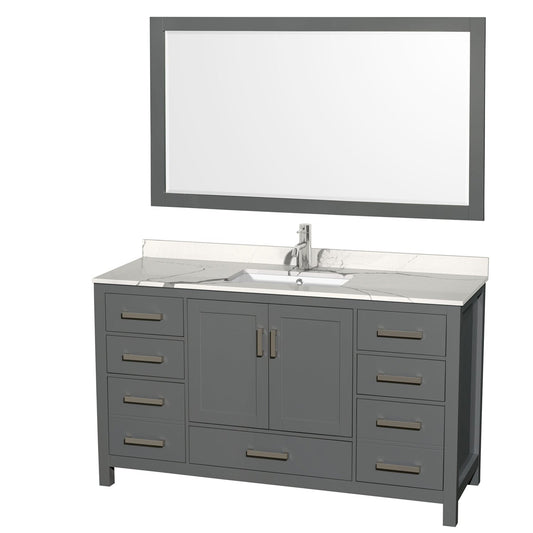 Wyndham Collection Sheffield 60" Single Bathroom Vanity in Dark Gray, Calacatta Quartz Countertop, Undermount Square Sink, 58" Mirror