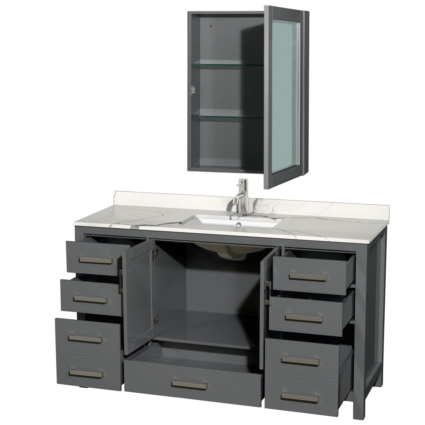 Wyndham Collection Sheffield 60" Single Bathroom Vanity in Dark Gray, Calacatta Quartz Countertop, Undermount Square Sink, Medicine Cabinet