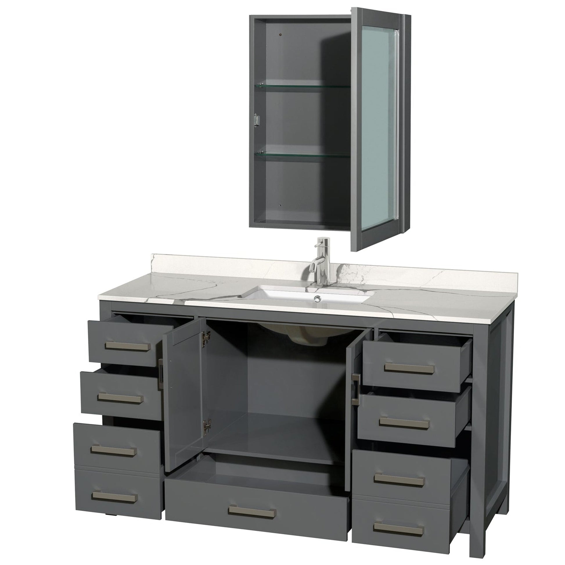 Wyndham Collection Sheffield 60" Single Bathroom Vanity in Dark Gray, Calacatta Quartz Countertop, Undermount Square Sink, Medicine Cabinet