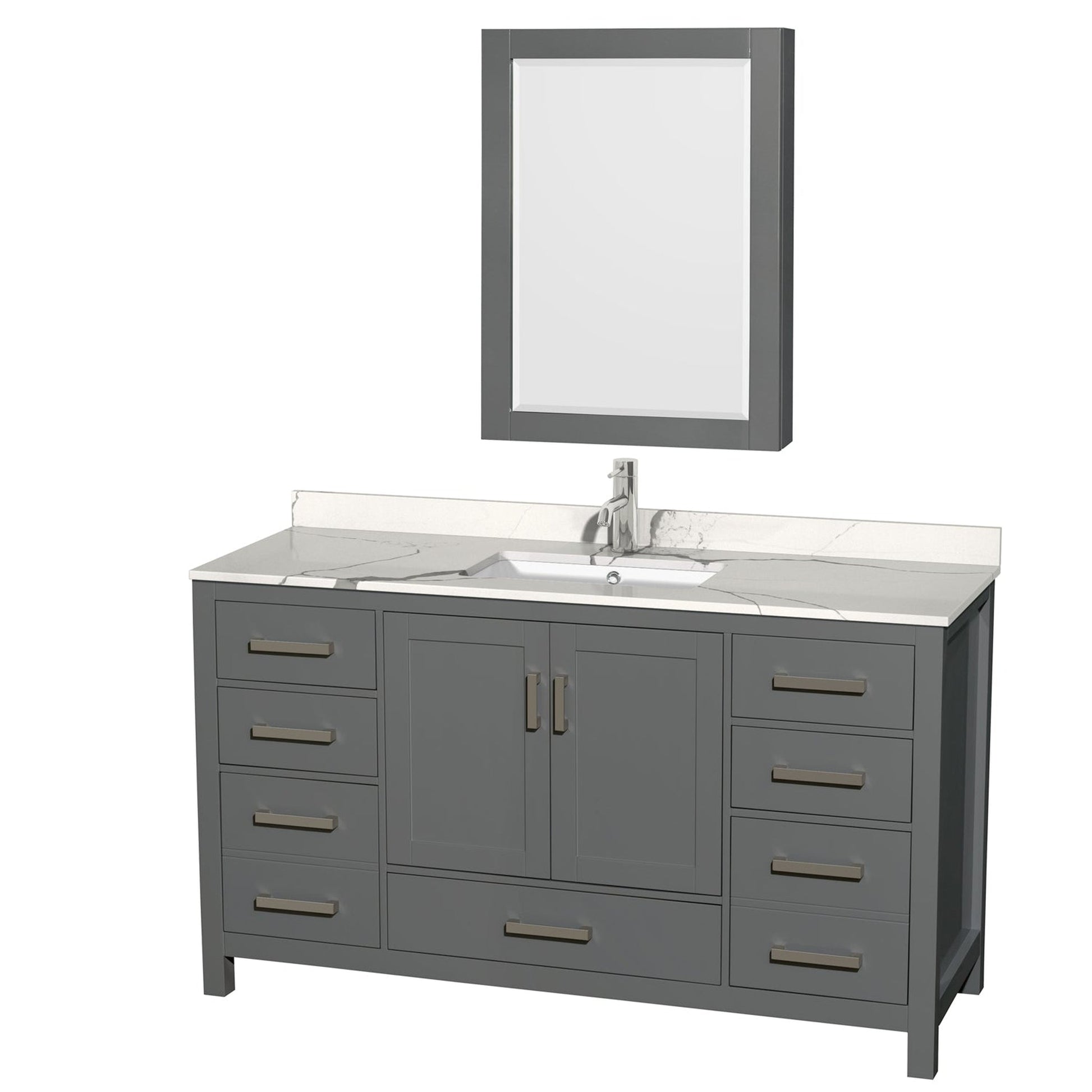 Wyndham Collection Sheffield 60" Single Bathroom Vanity in Dark Gray, Calacatta Quartz Countertop, Undermount Square Sink, Medicine Cabinet