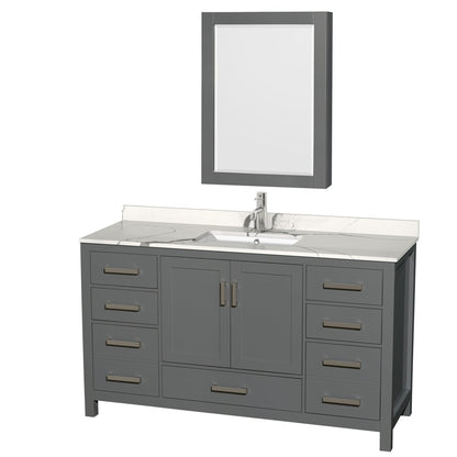 Wyndham Collection Sheffield 60" Single Bathroom Vanity in Dark Gray, Calacatta Quartz Countertop, Undermount Square Sink, Medicine Cabinet