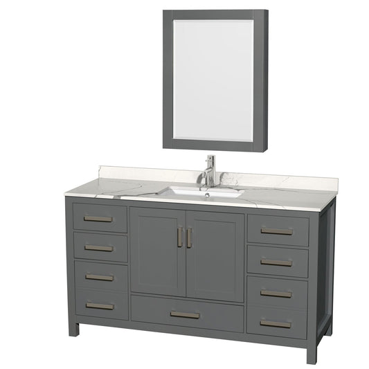 Wyndham Collection Sheffield 60" Single Bathroom Vanity in Dark Gray, Calacatta Quartz Countertop, Undermount Square Sink, Medicine Cabinet