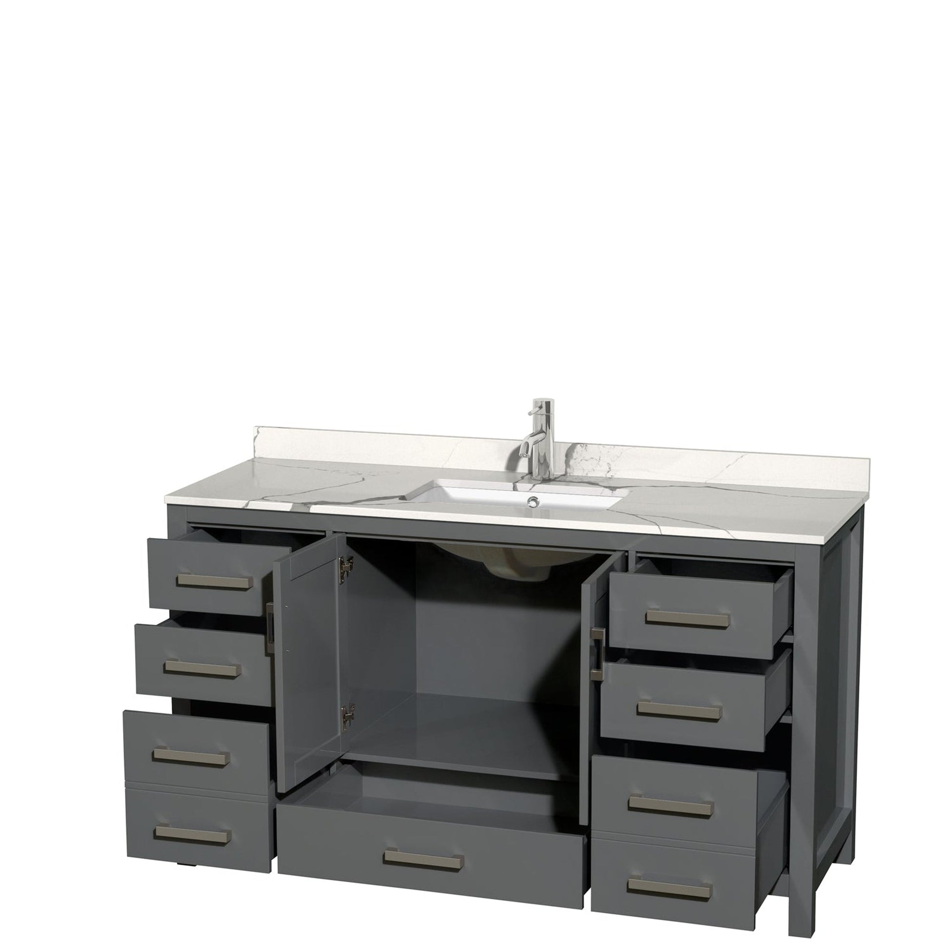 Wyndham Collection Sheffield 60" Single Bathroom Vanity in Dark Gray, Calacatta Quartz Countertop, Undermount Square Sink, No Mirror