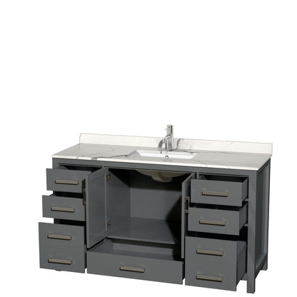 Wyndham Collection Sheffield 60" Single Bathroom Vanity in Dark Gray, Calacatta Quartz Countertop, Undermount Square Sink, No Mirror