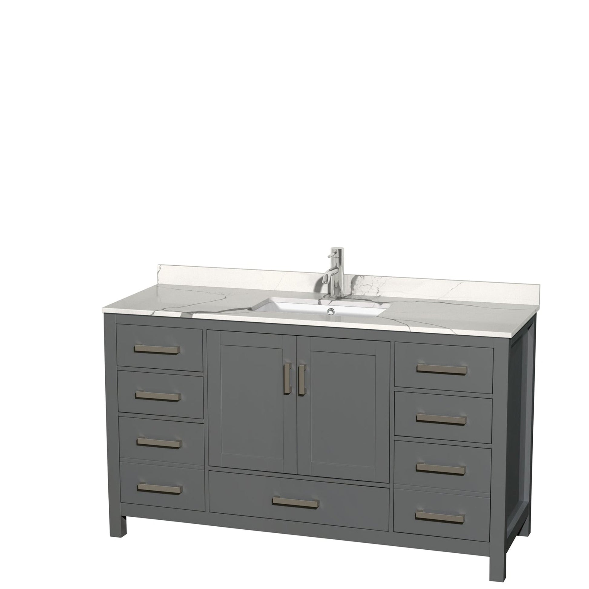 Wyndham Collection Sheffield 60" Single Bathroom Vanity in Dark Gray, Calacatta Quartz Countertop, Undermount Square Sink, No Mirror