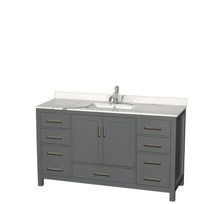 Wyndham Collection Sheffield 60" Single Bathroom Vanity in Dark Gray, Calacatta Quartz Countertop, Undermount Square Sink, No Mirror