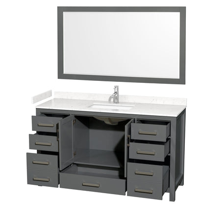 Wyndham Collection Sheffield 60" Single Bathroom Vanity in Dark Gray, Carrara Cultured Marble Countertop, Undermount Square Sink, 58" Mirror