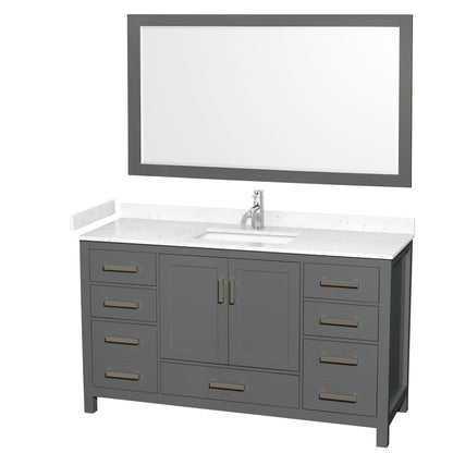 Wyndham Collection Sheffield 60" Single Bathroom Vanity in Dark Gray, Carrara Cultured Marble Countertop, Undermount Square Sink, 58" Mirror