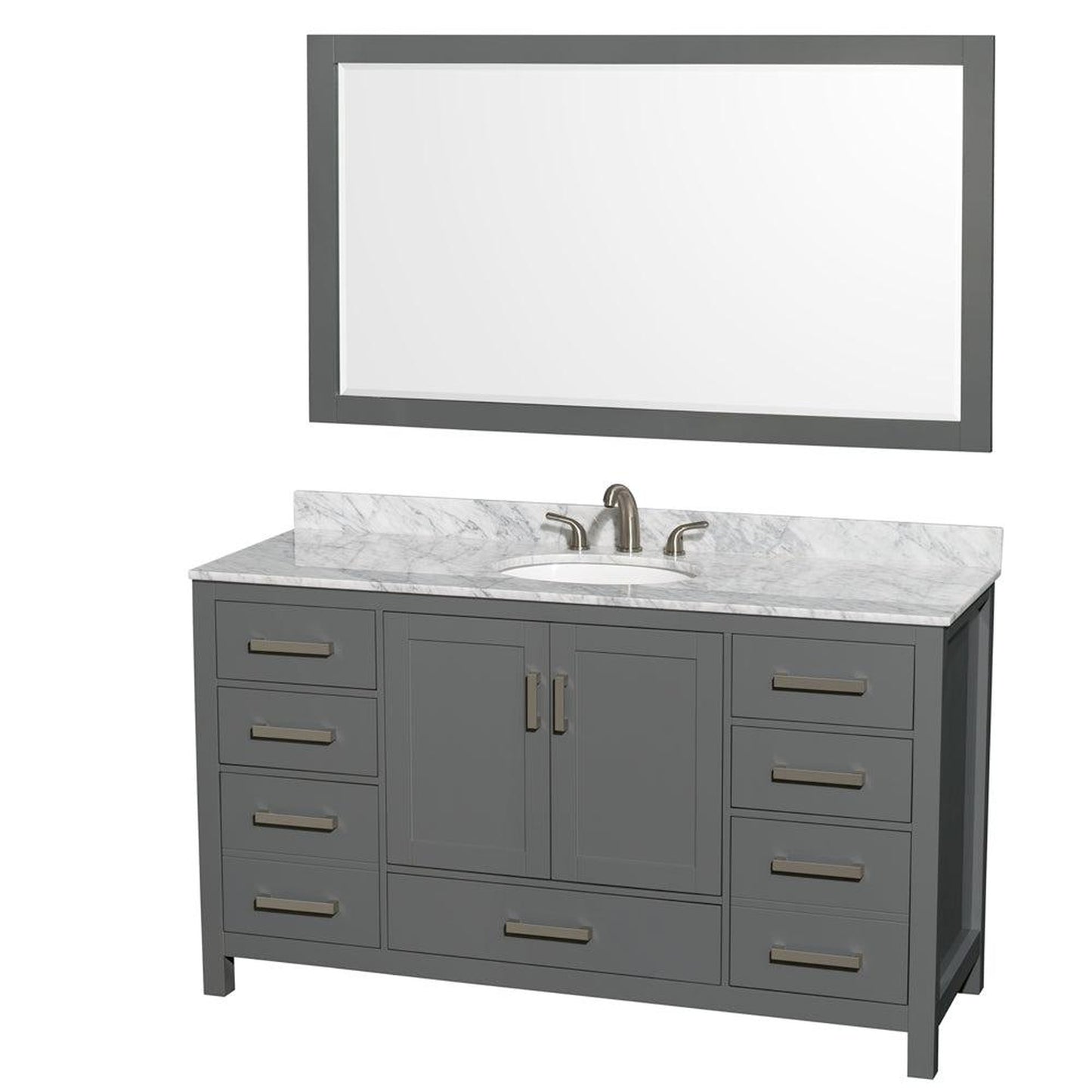 Wyndham Collection Sheffield 60" Single Bathroom Vanity in Dark Gray, White Carrara Marble Countertop, Undermount Oval Sink, and 58" Mirror