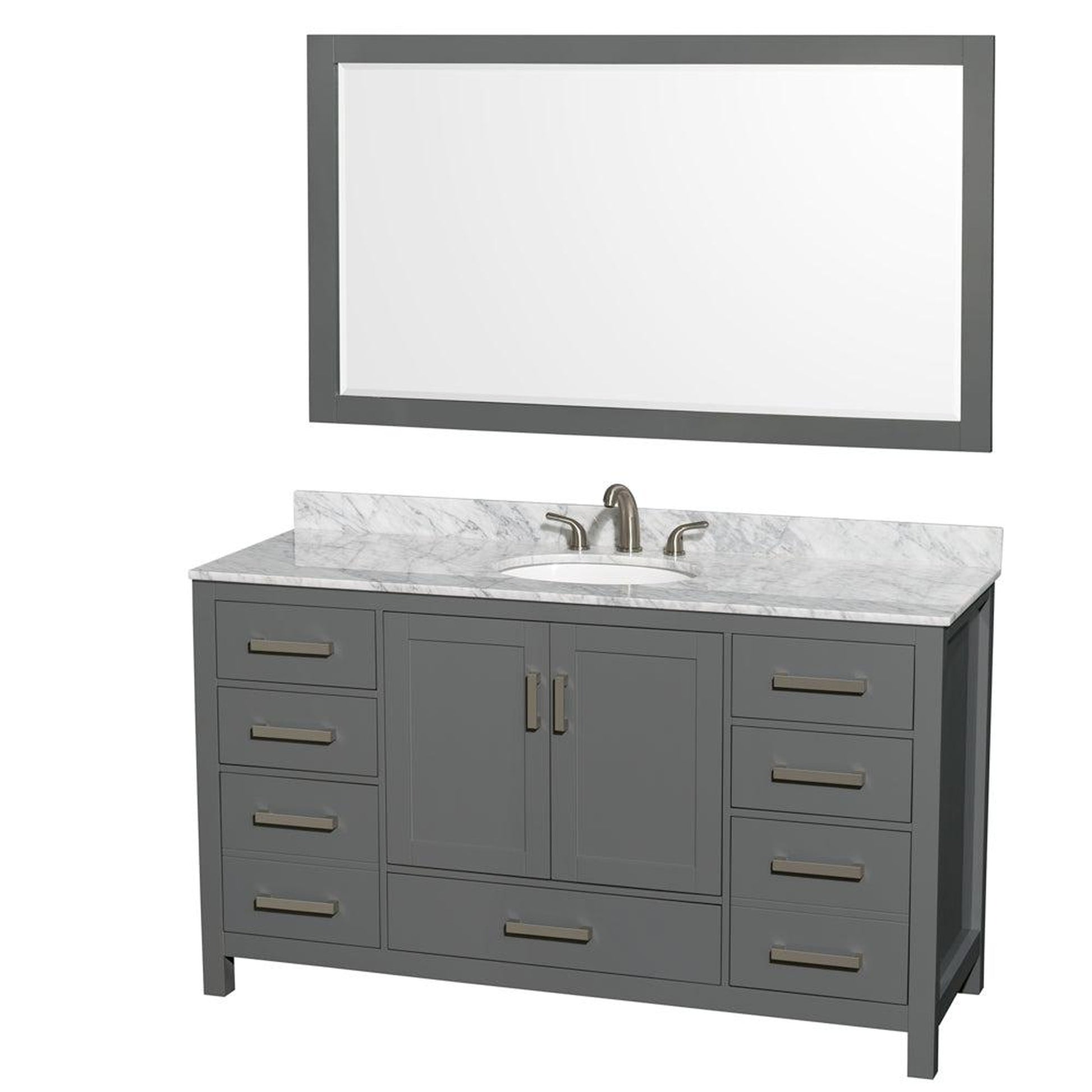 Wyndham Collection Sheffield 60" Single Bathroom Vanity in Dark Gray, White Carrara Marble Countertop, Undermount Oval Sink, and 58" Mirror