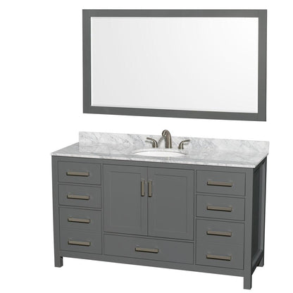 Wyndham Collection Sheffield 60" Single Bathroom Vanity in Dark Gray, White Carrara Marble Countertop, Undermount Oval Sink, and 58" Mirror