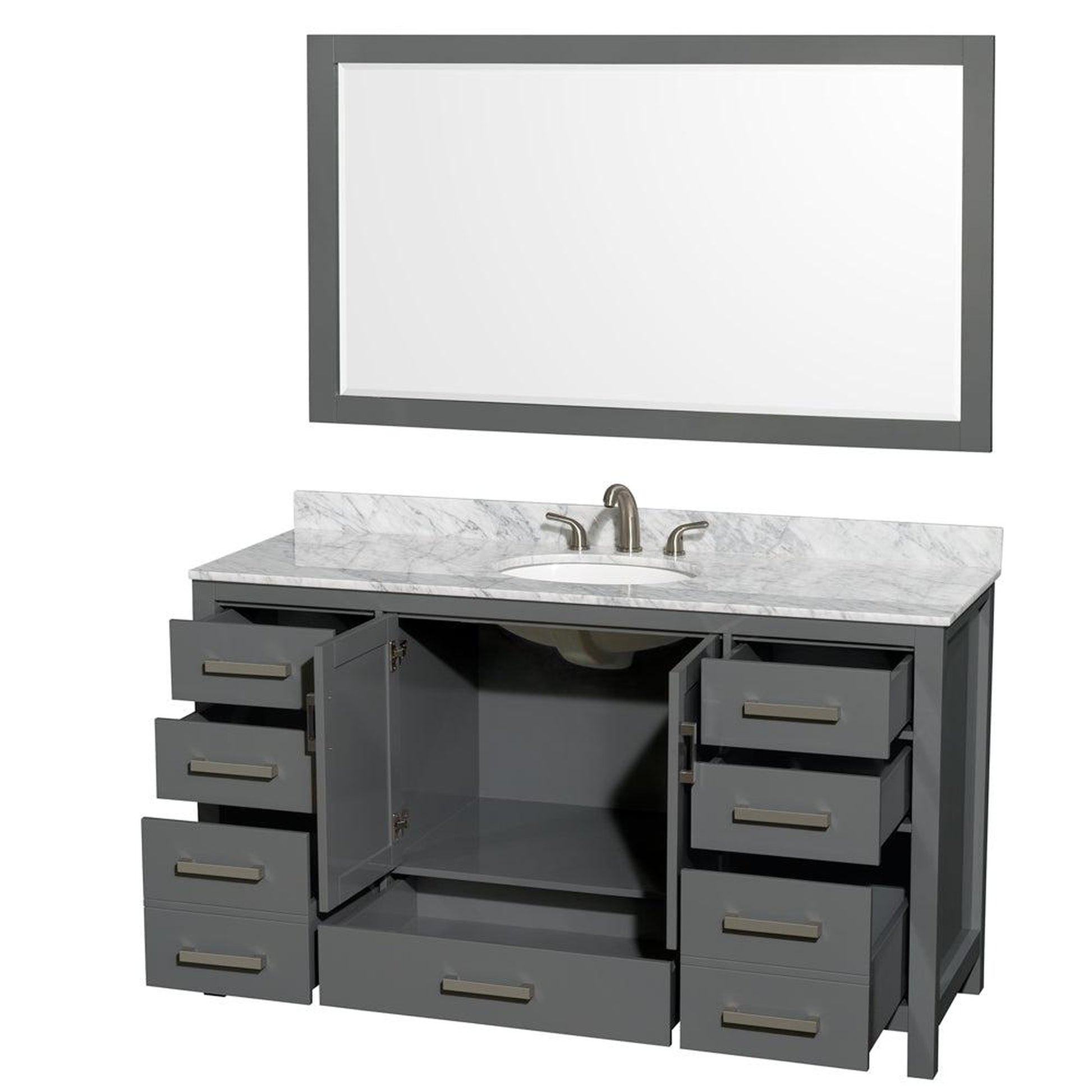 Wyndham Collection Sheffield 60" Single Bathroom Vanity in Dark Gray, White Carrara Marble Countertop, Undermount Oval Sink, and 58" Mirror