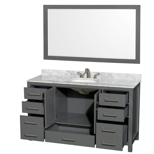 Wyndham Collection Sheffield 60" Single Bathroom Vanity in Dark Gray, White Carrara Marble Countertop, Undermount Oval Sink, and 58" Mirror