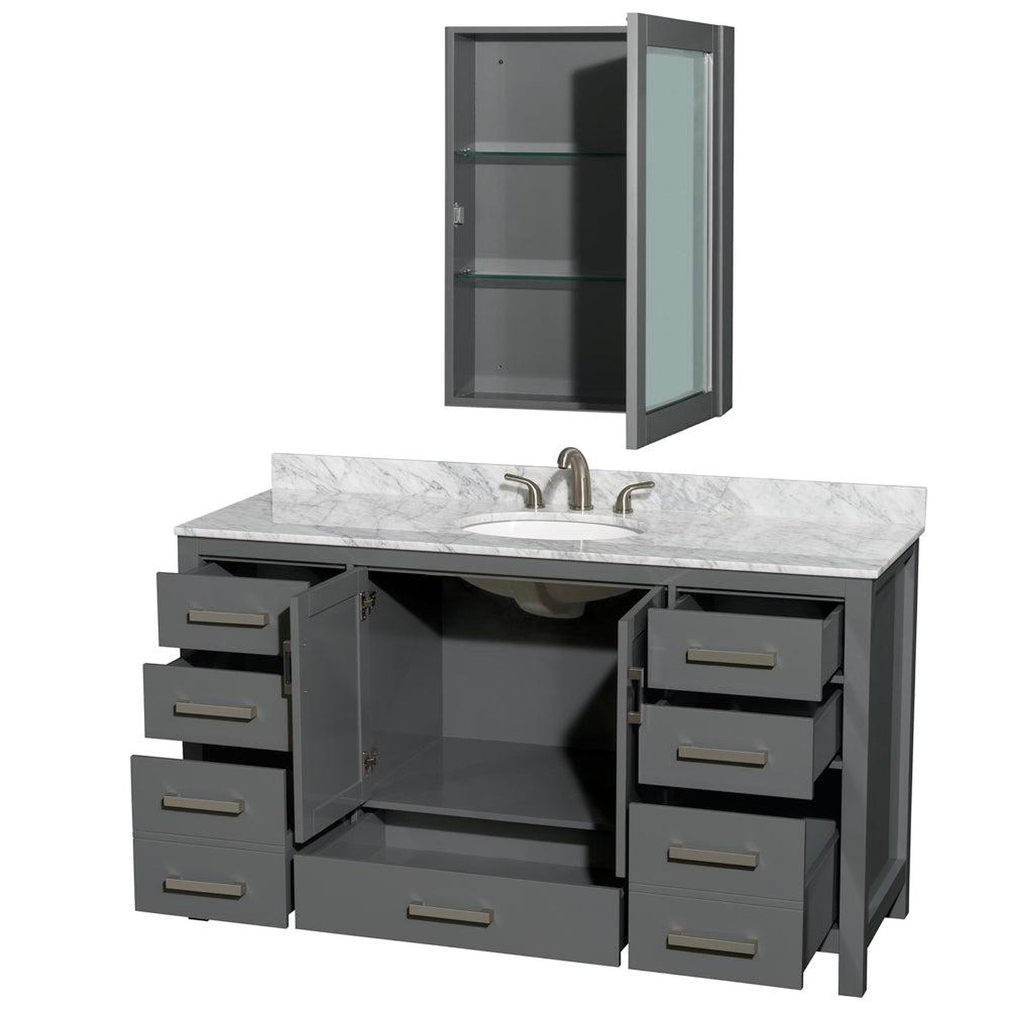 Wyndham Collection Sheffield 60" Single Bathroom Vanity in Dark Gray, White Carrara Marble Countertop, Undermount Oval Sink, and Medicine Cabinet