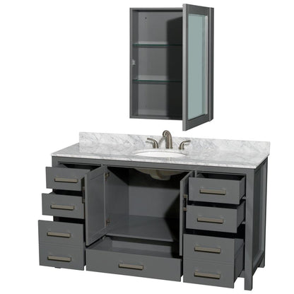 Wyndham Collection Sheffield 60" Single Bathroom Vanity in Dark Gray, White Carrara Marble Countertop, Undermount Oval Sink, and Medicine Cabinet