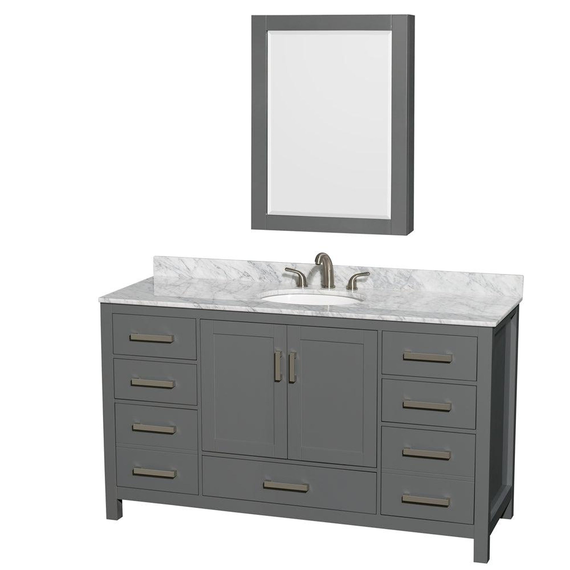 Wyndham Collection Sheffield 60" Single Bathroom Vanity in Dark Gray, White Carrara Marble Countertop, Undermount Oval Sink, and Medicine Cabinet