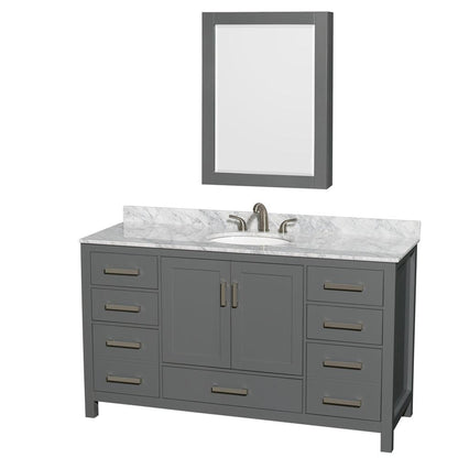Wyndham Collection Sheffield 60" Single Bathroom Vanity in Dark Gray, White Carrara Marble Countertop, Undermount Oval Sink, and Medicine Cabinet