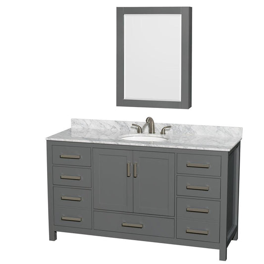 Wyndham Collection Sheffield 60" Single Bathroom Vanity in Dark Gray, White Carrara Marble Countertop, Undermount Oval Sink, and Medicine Cabinet