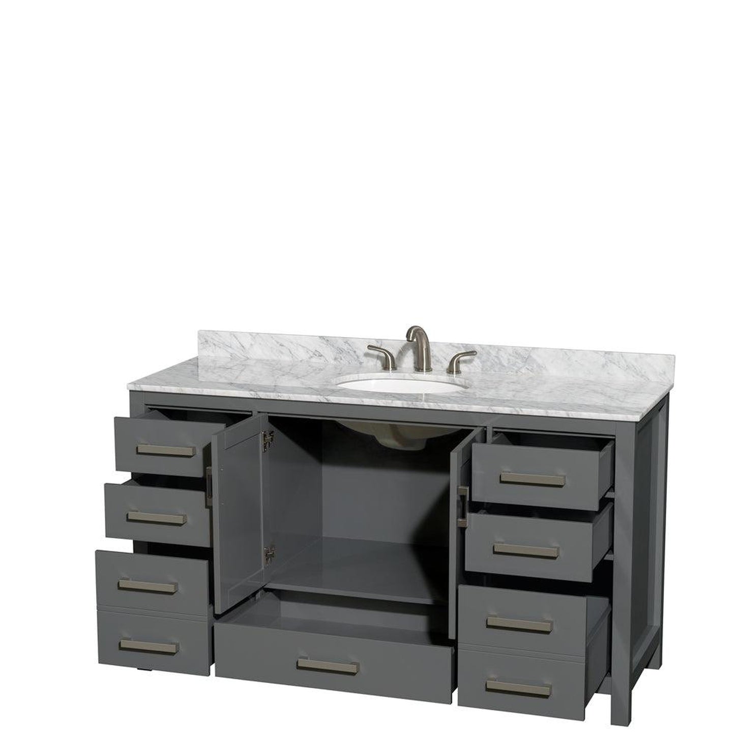 Wyndham Collection Sheffield 60" Single Bathroom Vanity in Dark Gray, White Carrara Marble Countertop, Undermount Oval Sink, and No Mirror