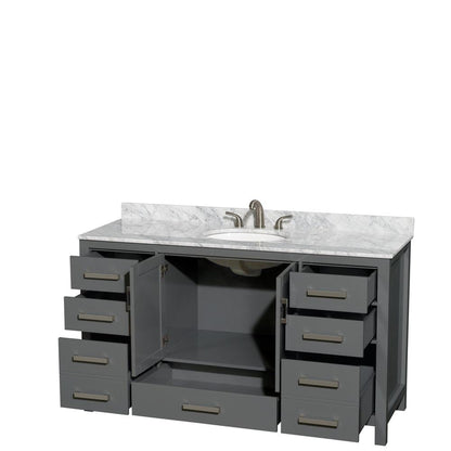 Wyndham Collection Sheffield 60" Single Bathroom Vanity in Dark Gray, White Carrara Marble Countertop, Undermount Oval Sink, and No Mirror