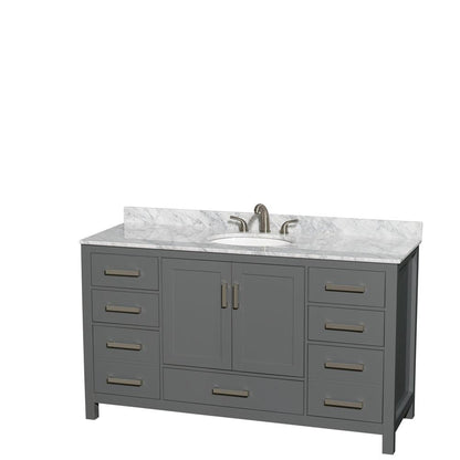 Wyndham Collection Sheffield 60" Single Bathroom Vanity in Dark Gray, White Carrara Marble Countertop, Undermount Oval Sink, and No Mirror